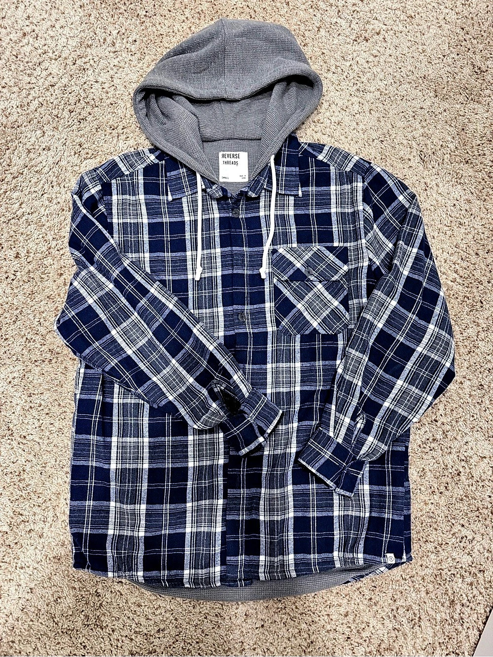 Plaid Hooded Button-Down Shirt Blue & Gray Size Large Like New